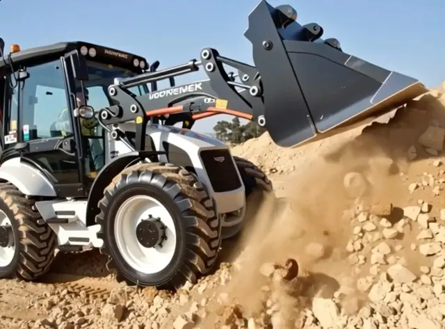 Экскаватор-погрузчик выполняет дорожные работы в Минске