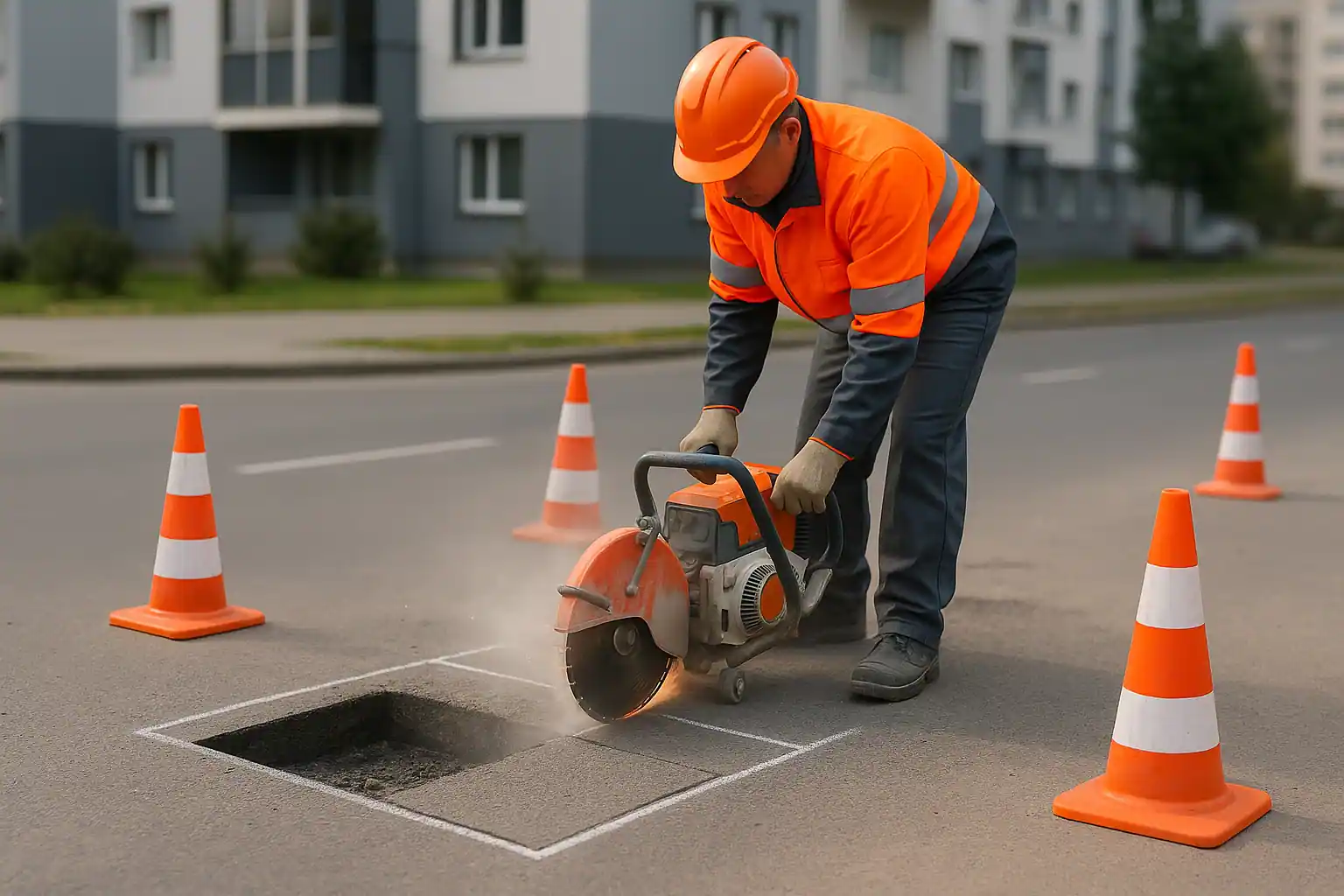 Ямочный ремонт асфальта: рабочий нарезчиком швов обрезает кромку ямы по разметке, прямоугольная форма, Минск
