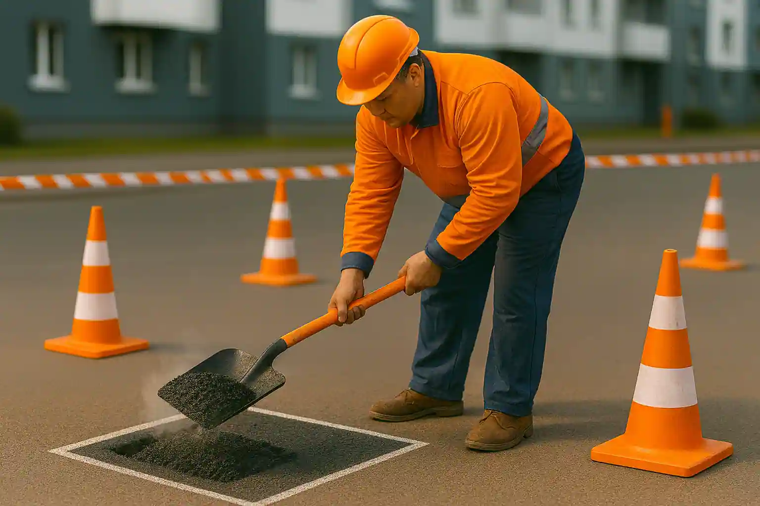 Укладка горячей асфальтобетонной смеси в карту ямочного ремонта с формированием ровных кромок