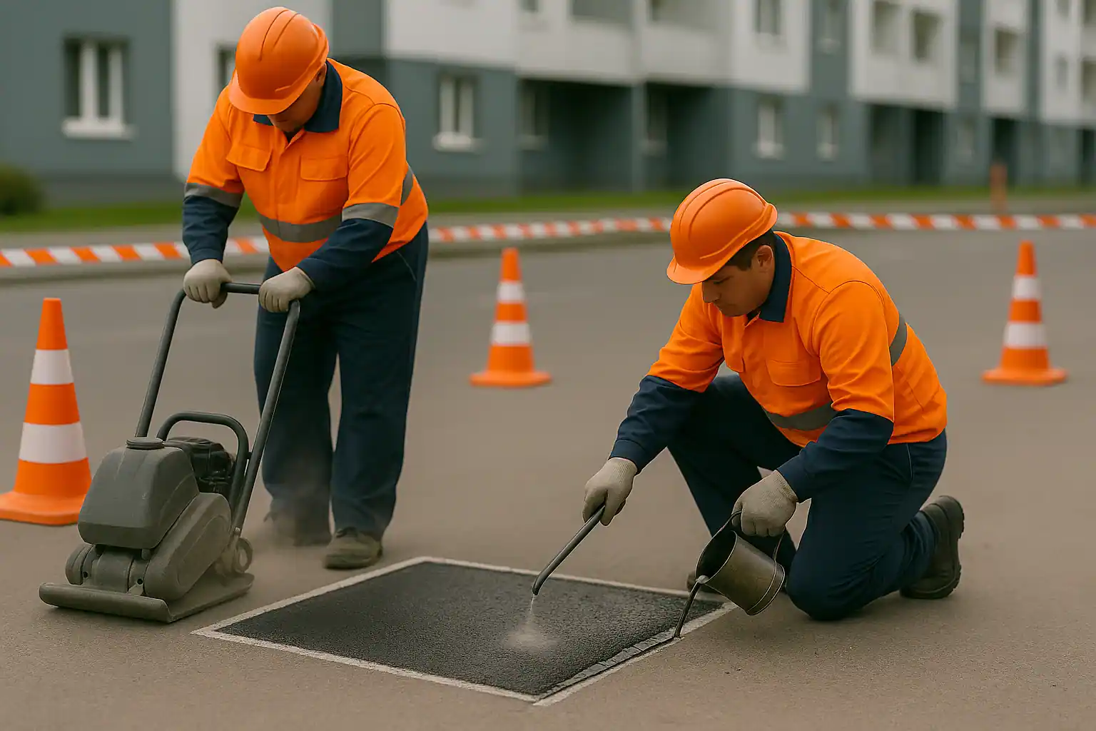Уплотнение виброплитой и герметизация швов — финальный этап ямочного ремонта