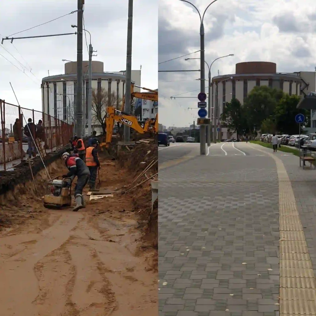 Строительство тротуара и велодорожки в Минске — этап устройства основания и готовое покрытие тротуарной плиткой, тактильные полосы | Адванс Строй