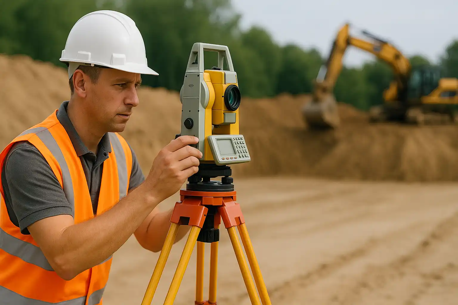 Осмотр объекта и замер отметок перед разработкой котлована — инженер выполняет измерения на строительной площадке