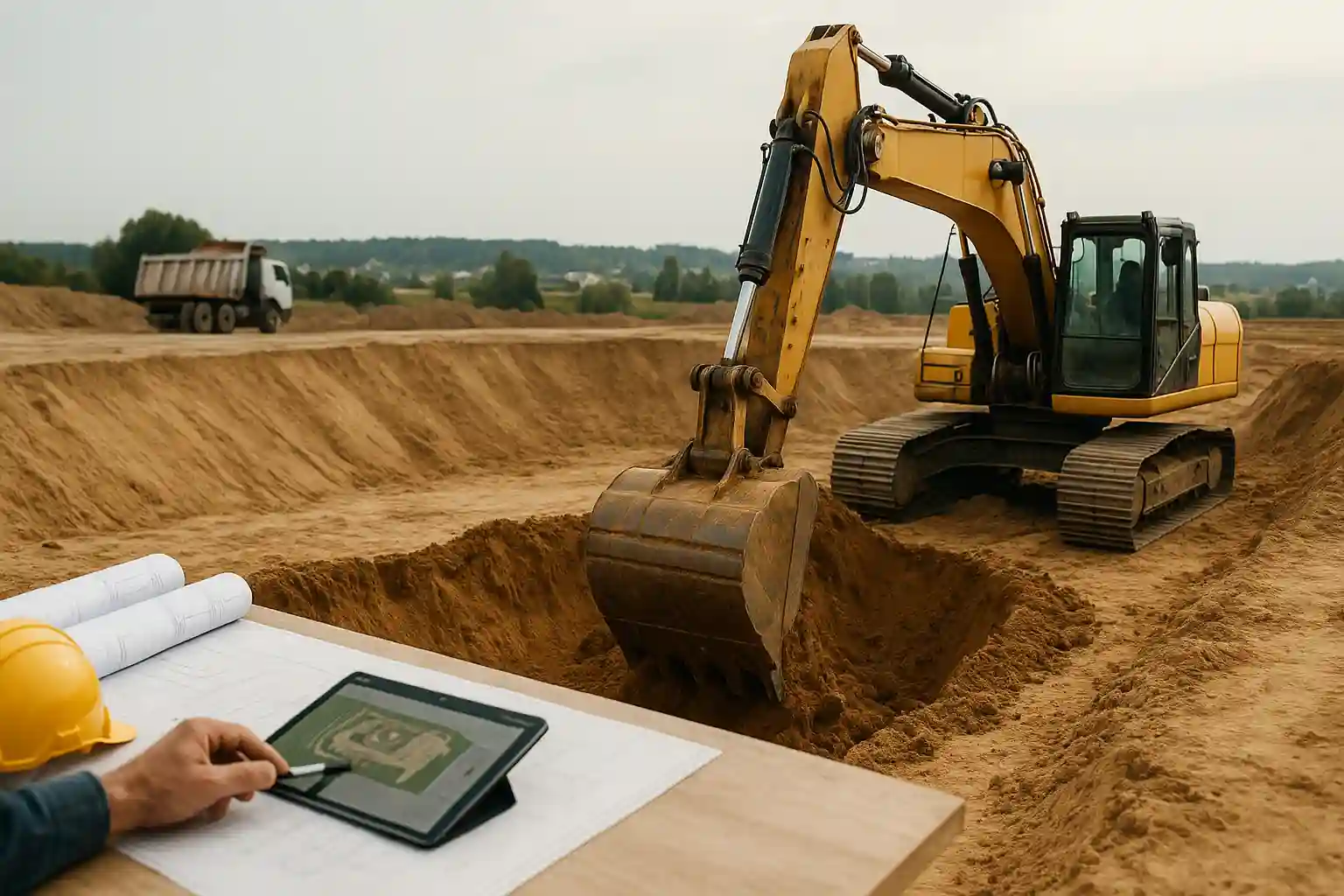 Выполнение разработки котлована экскаватором по графику — выемка грунта с соблюдением откосов и технологии