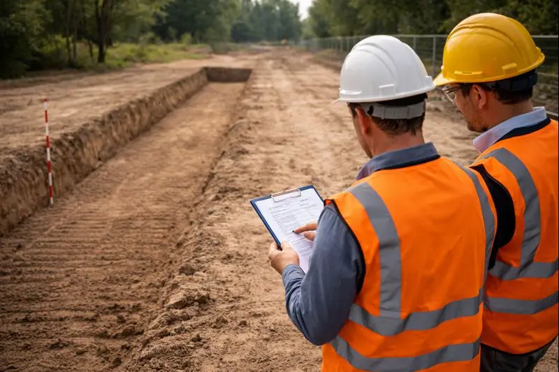 Два инженера на строительной площадке проверяют акты выполненных работ после завершения траншеи