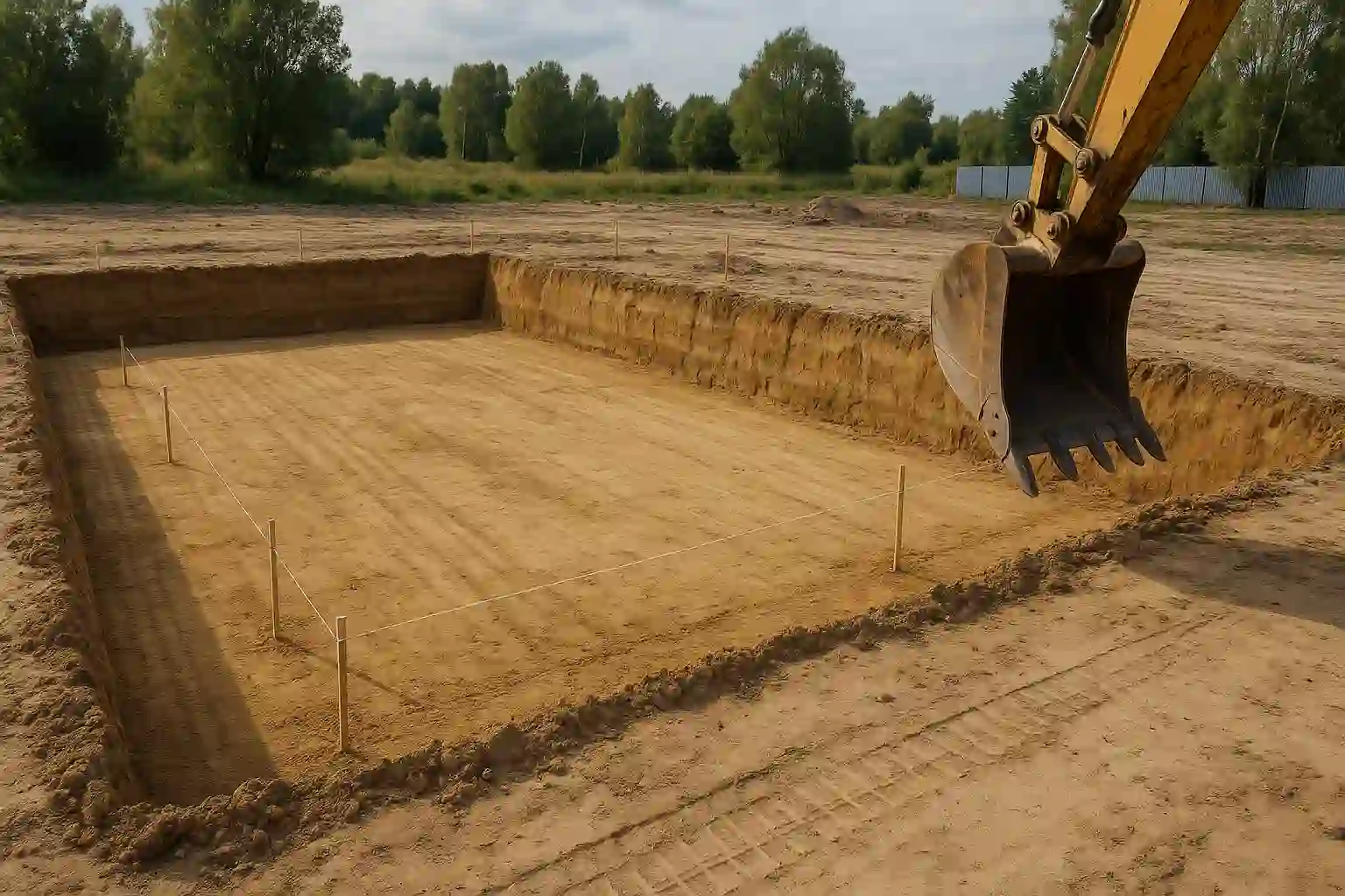 Разработка котлована под ленточный фундамент и монолитную плиту на строительной площадке