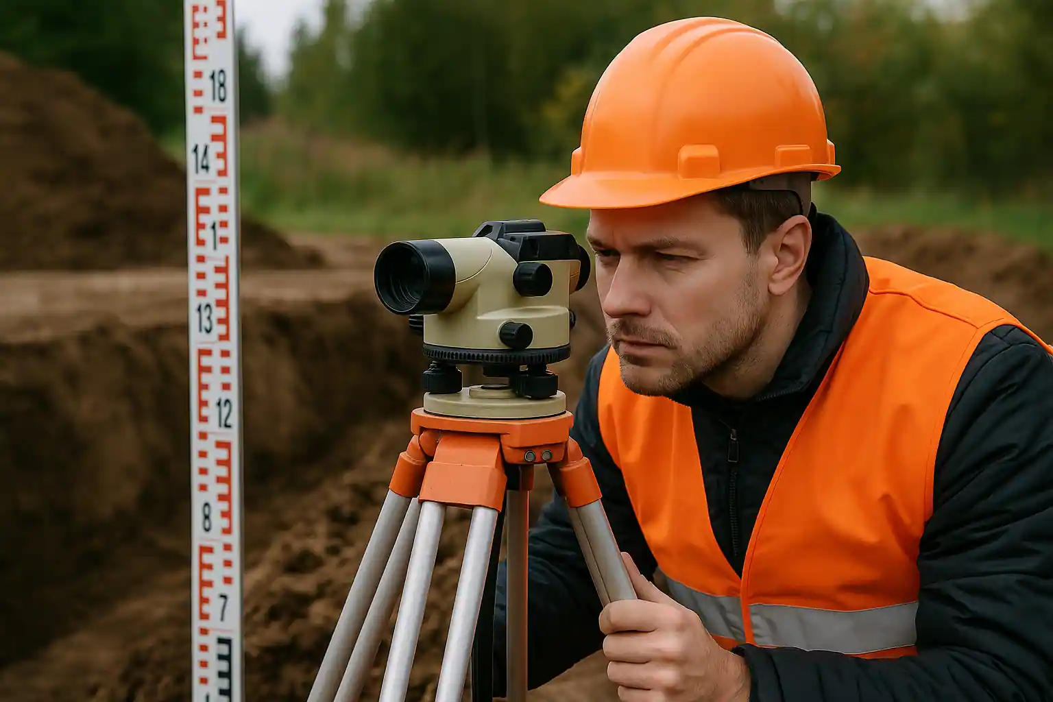 Инженер в оранжевом жилете снимает отметки нивелиром для расчёта объёма грунта