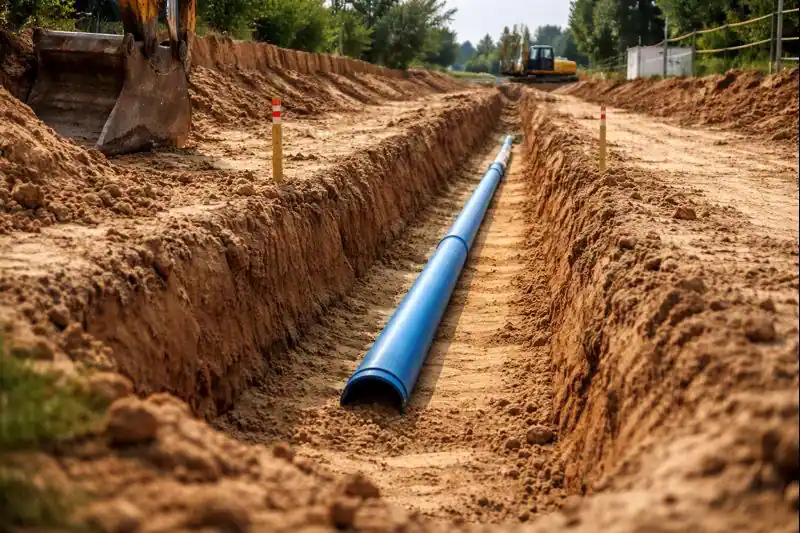 Траншея под водопровод с песчаной подсыпкой и уложенной трубой на строительной площадке