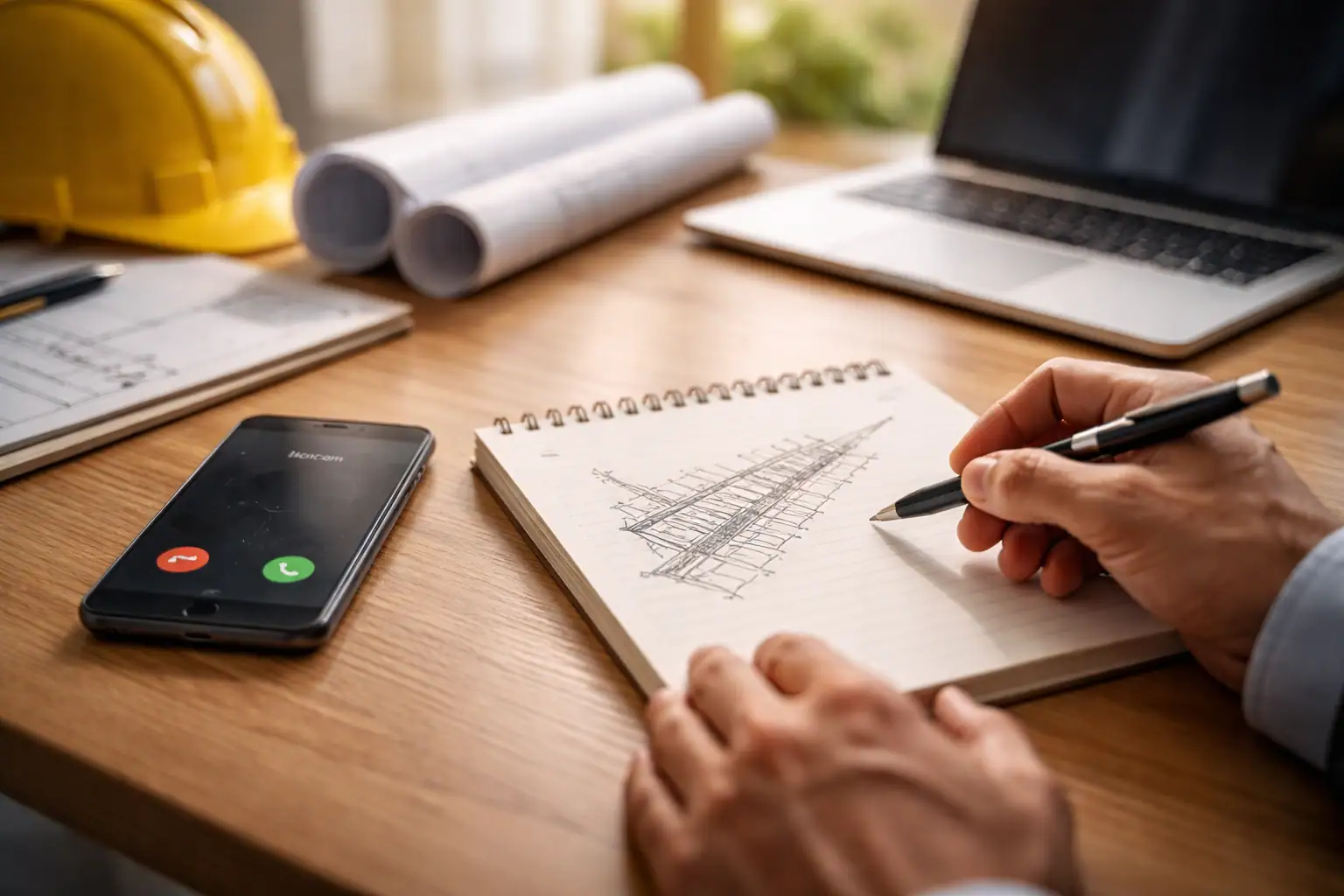 Заявка и первичная консультация по разработке траншей: звонок, блокнот со схемой и рабочее место инженера