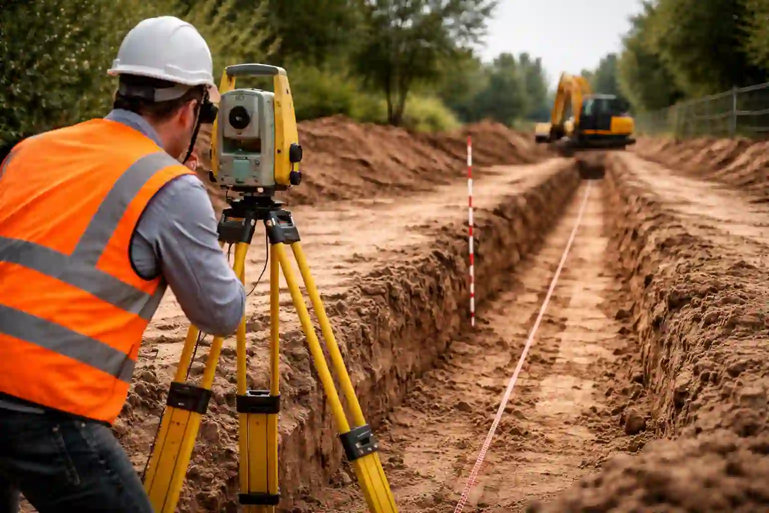 Инженер выполняет замеры по трассе траншеи лазерным нивелиром на участке земляных работ
