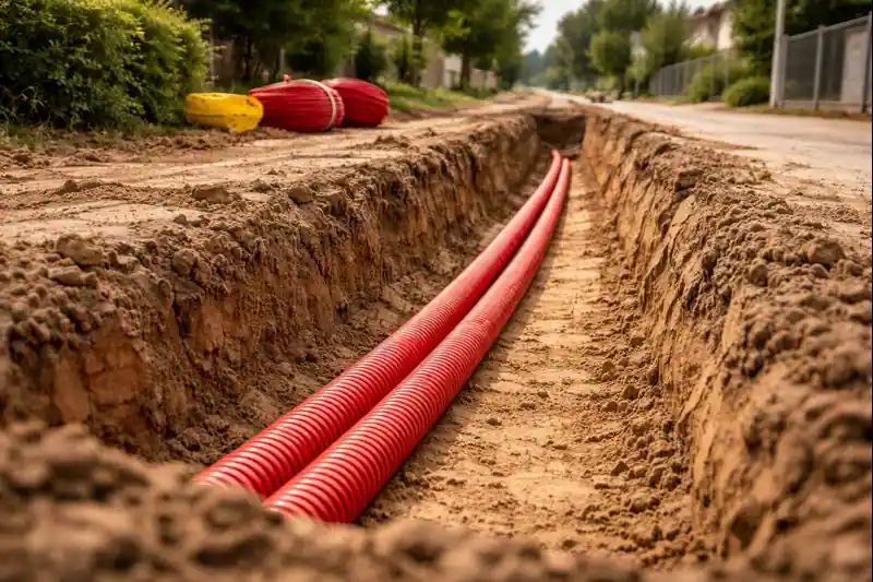 Рытьё траншей под кабель и связи с укладкой защитной гофры и последующей засыпкой