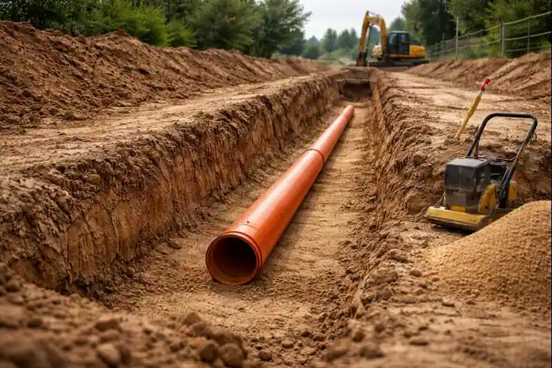 Разработка траншей под канализацию с уклоном и подготовкой основания под трубу