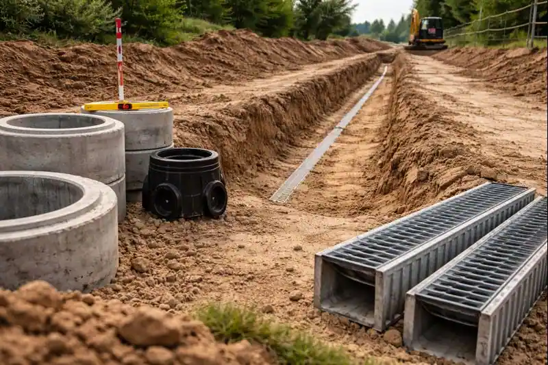 Копка траншей под ливневую канализацию с подготовкой основания и установкой элементов водоотвода