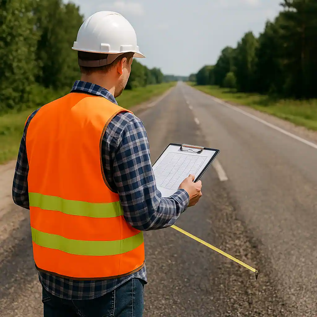Инженер дорожной службы измеряет ширину и состояние автомобильной дороги перед реконструкцией