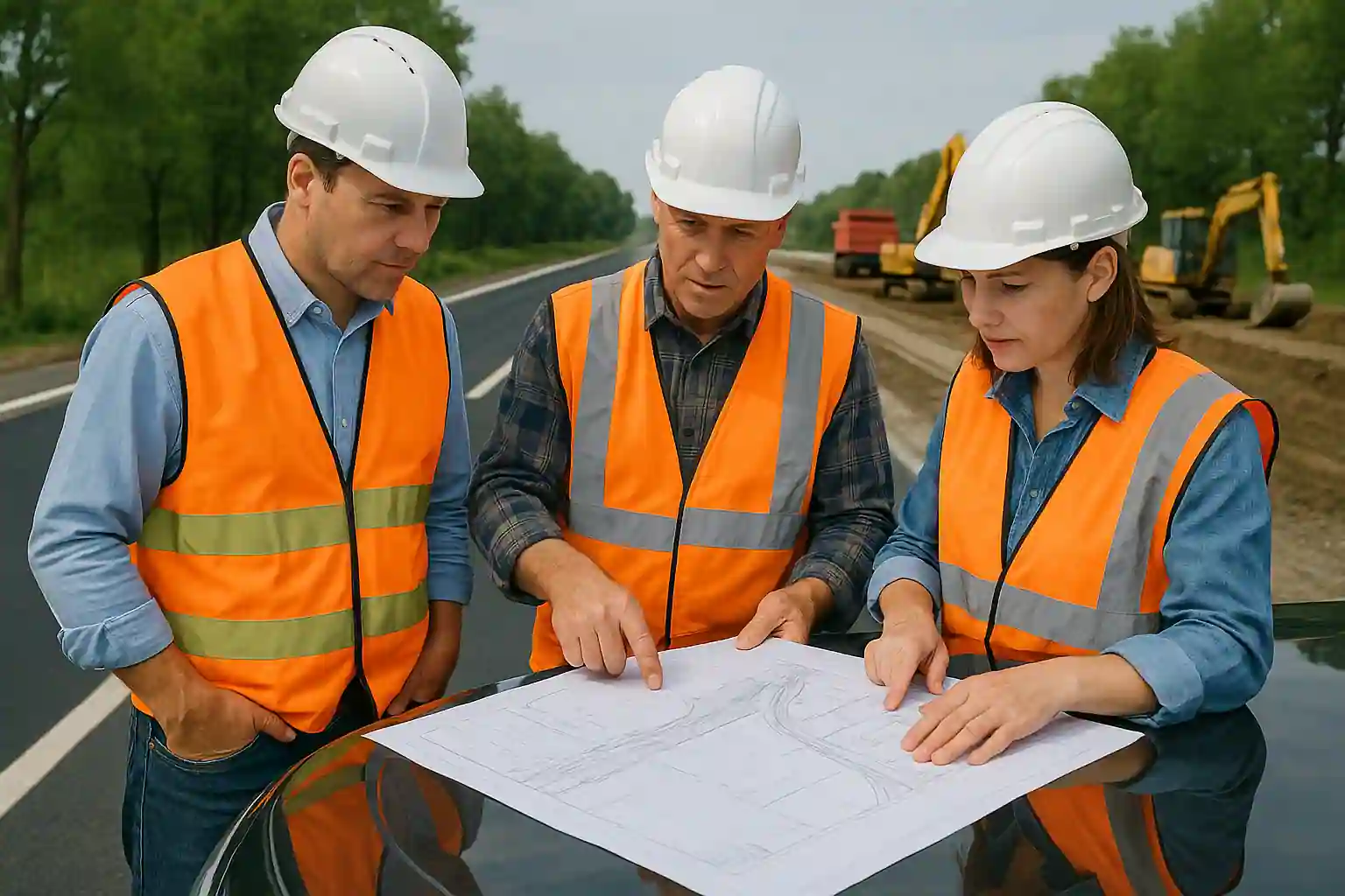 Инженеры по дорожному строительству обсуждают схему реконструкции дороги на чертеже