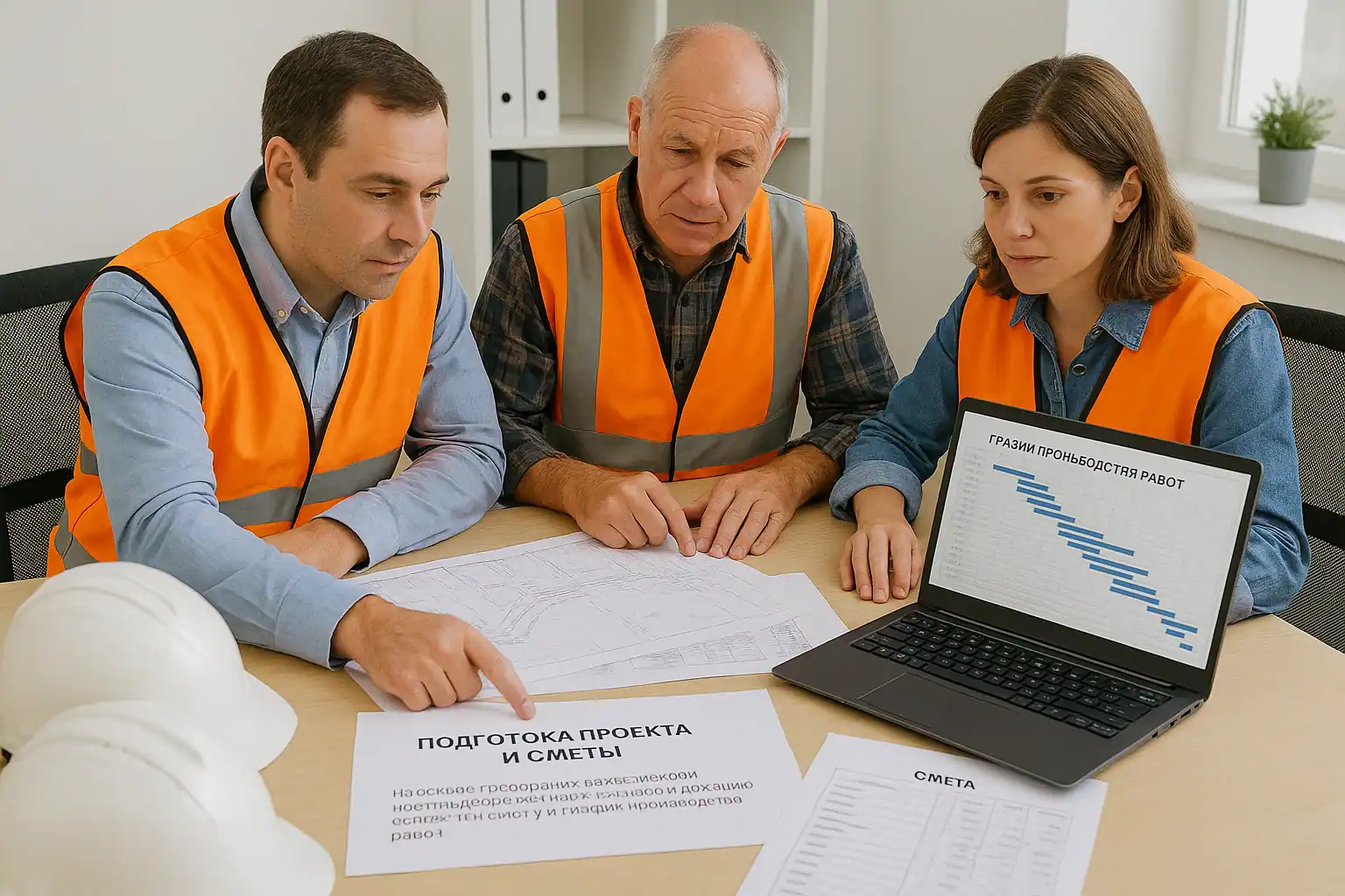 Проектировщики в офисе готовят проект реконструкции дороги и смету работ