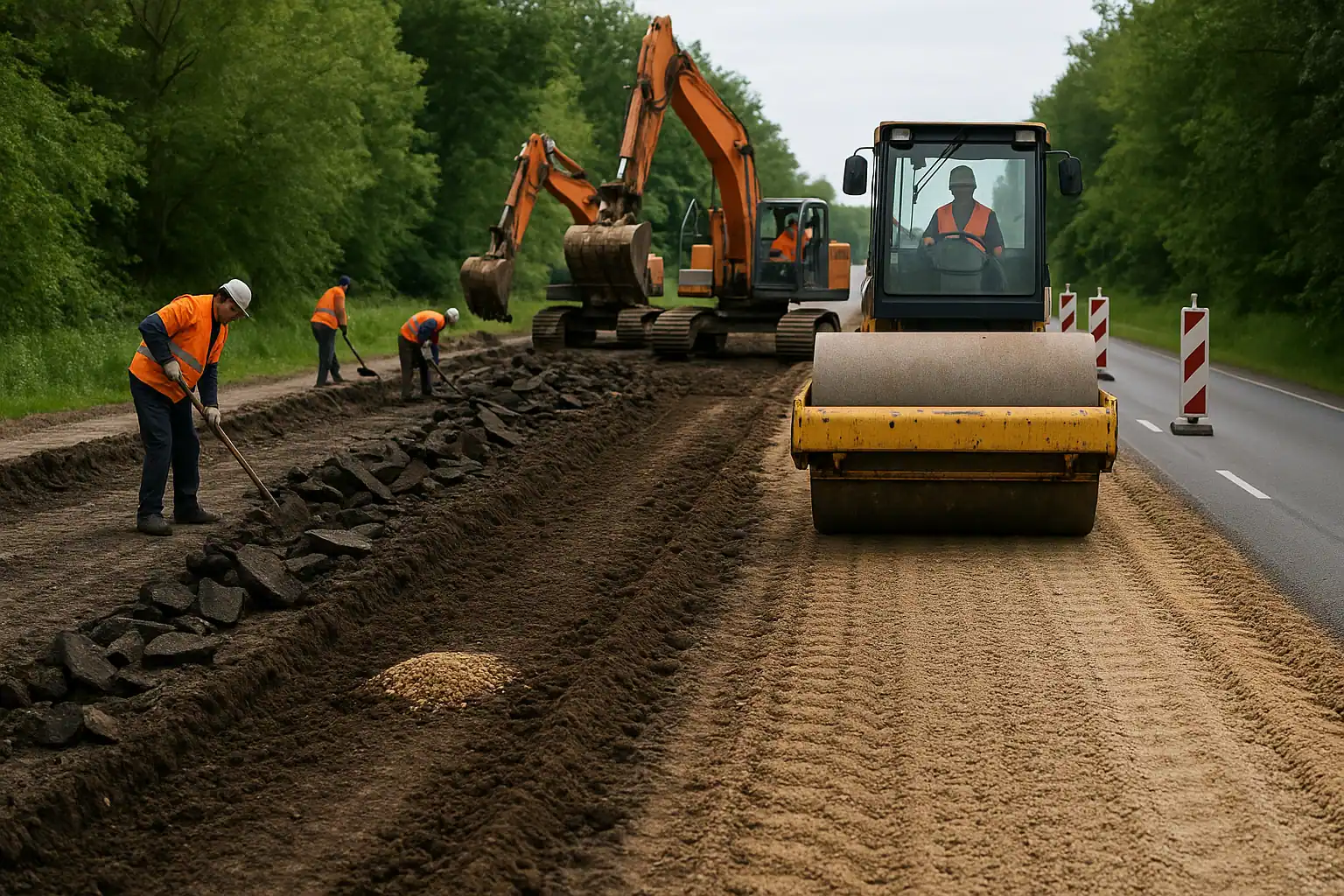 Дорожные рабочие и техника снимают старый асфальт и подготавливают основание дороги
