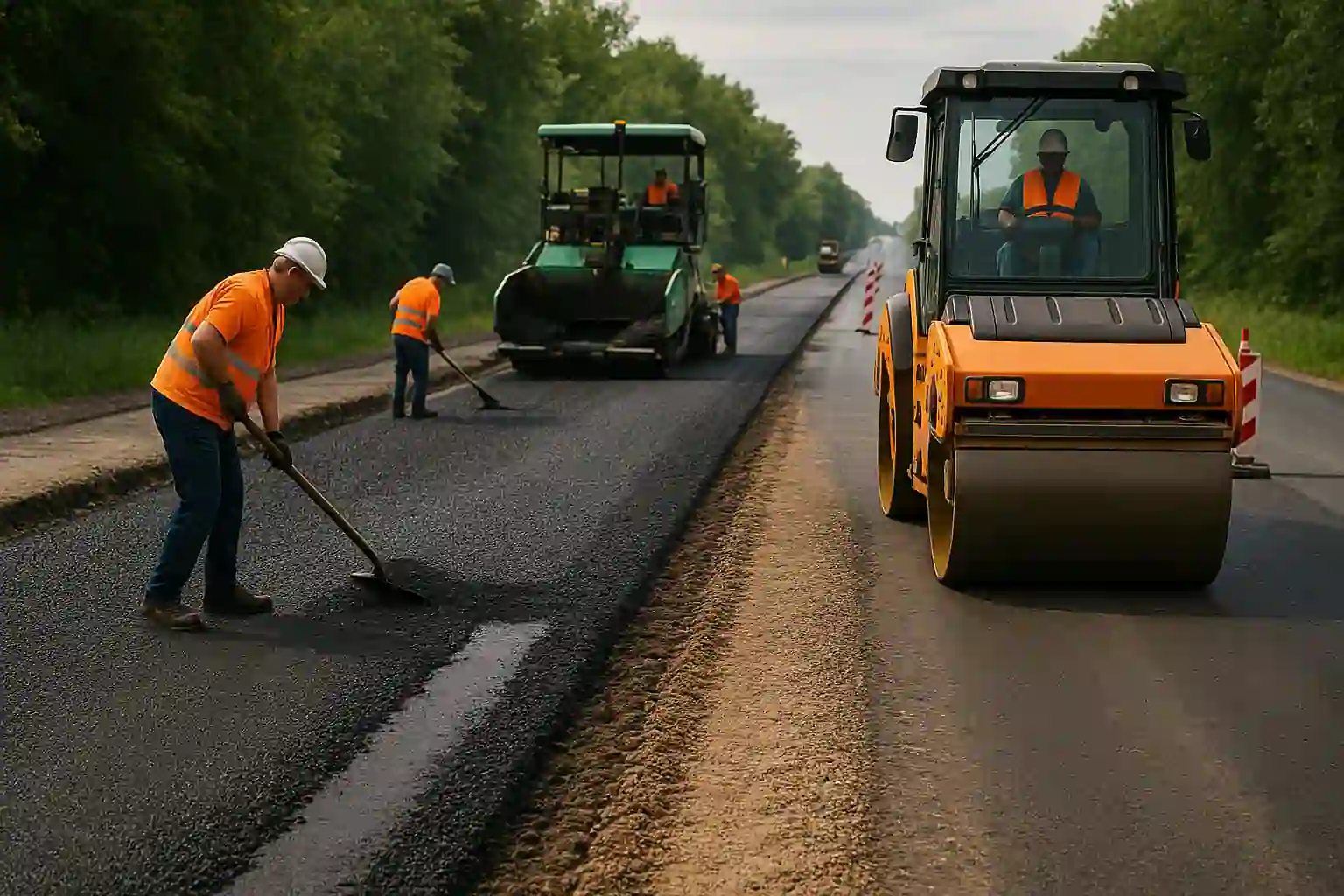 Асфальтоукладчик, рабочие и дорожный каток устраивают новые слои асфальтобетона на трассе