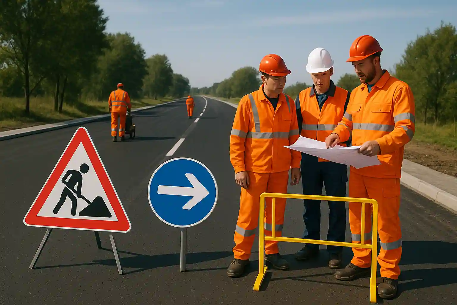 Дорожные рабочие проверяют чертежи на фоне завершённой дороги с разметкой и временными знаками