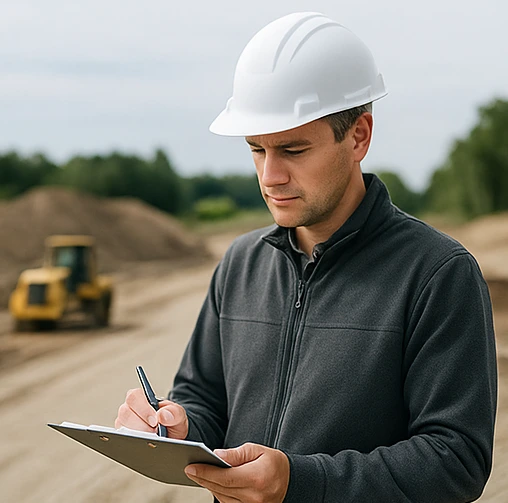 Инженер в каске проводит осмотр участка под цементобетонное покрытие