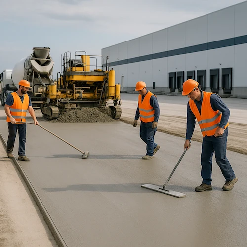 Рабочие в оранжевых жилетах выравнивают свежее цементобетонное покрытие дороги