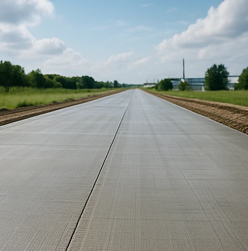 Готовая ровная бетонная дорога с цементобетонным покрытием на промышленной площадке