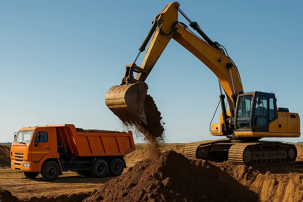 Гусеничный экскаватор грузит грунт в самосвал при выполнении земляных работ