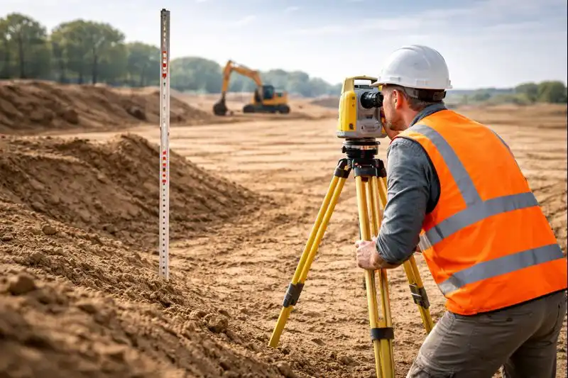 Осмотр участка и съёмка отметок для планировки территории — инженер выполняет нивелирование на площадке