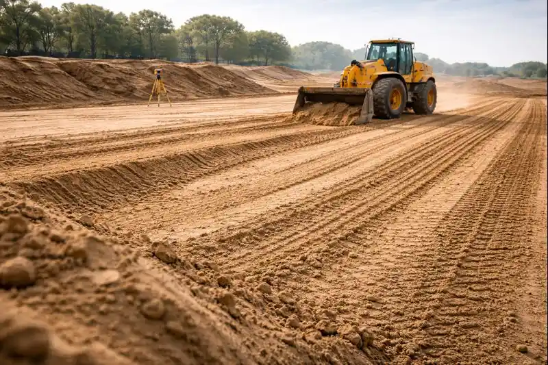 Механизированная вертикальная планировка территории — техника выравнивает грунт и формирует уклоны по отметкам
