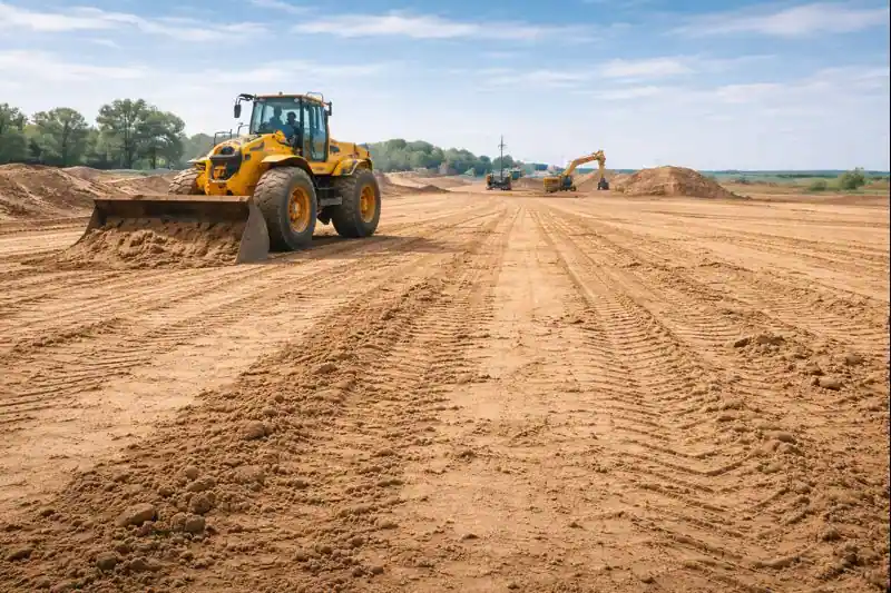 Выравнивание участка в Минске техникой: планировка грунта под отметку перед благоустройством
