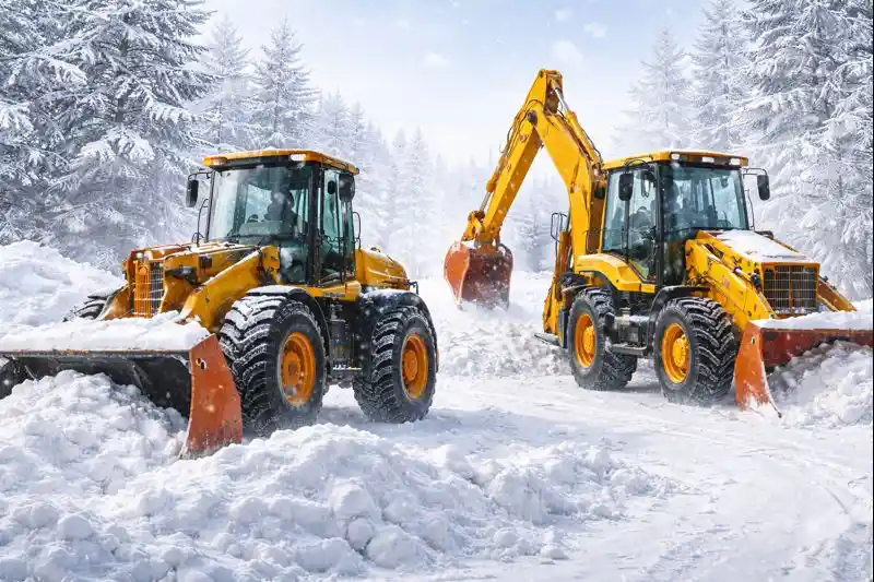 Погрузчик и экскаватор-погрузчик выполняют механизированную уборку снега на территории в Минске