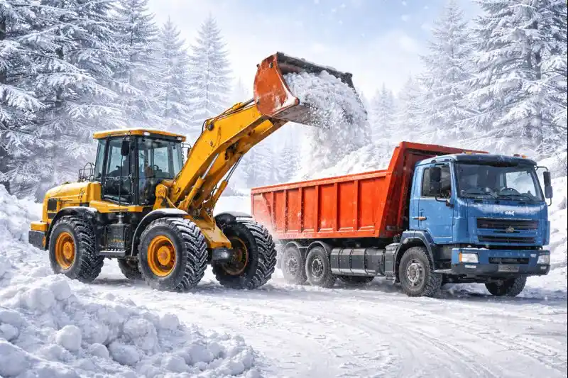 Погрузчик выполняет погрузку снега в самосвал при механизированной уборке территории
