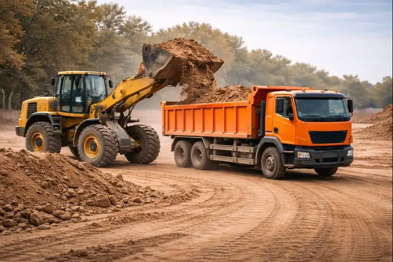Погрузка и вывоз грунта самосвалами: фронтальный погрузчик грузит грунт в самосвал на объекте