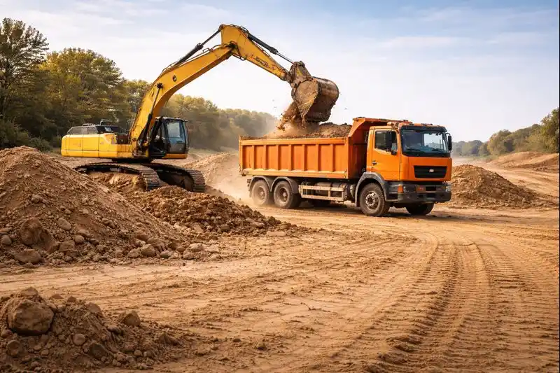 Вывоз грунта в Минске: экскаватор погружает грунт в самосвал на строительной площадке