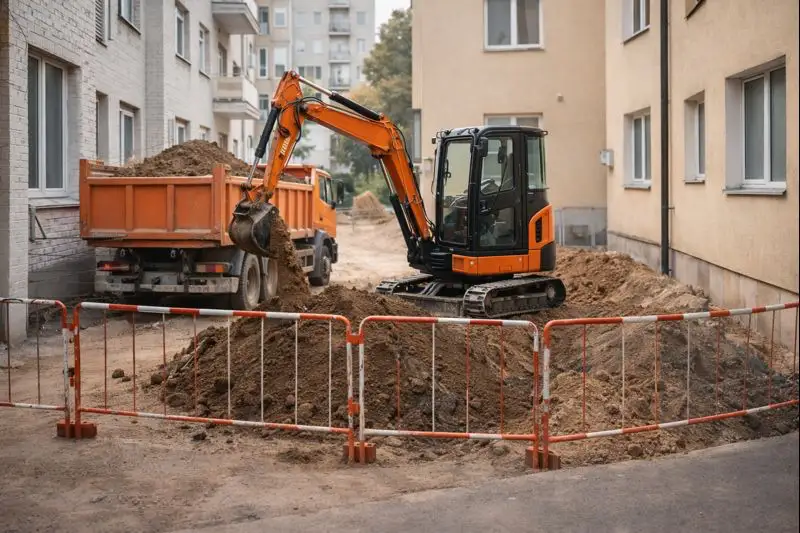 Вывоз грунта со стеснённого участка в Минске: техника работает аккуратно рядом со зданиями
