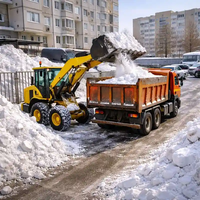 Погрузка снежных валов погрузчиком и вывоз снега самосвалами в Минске
