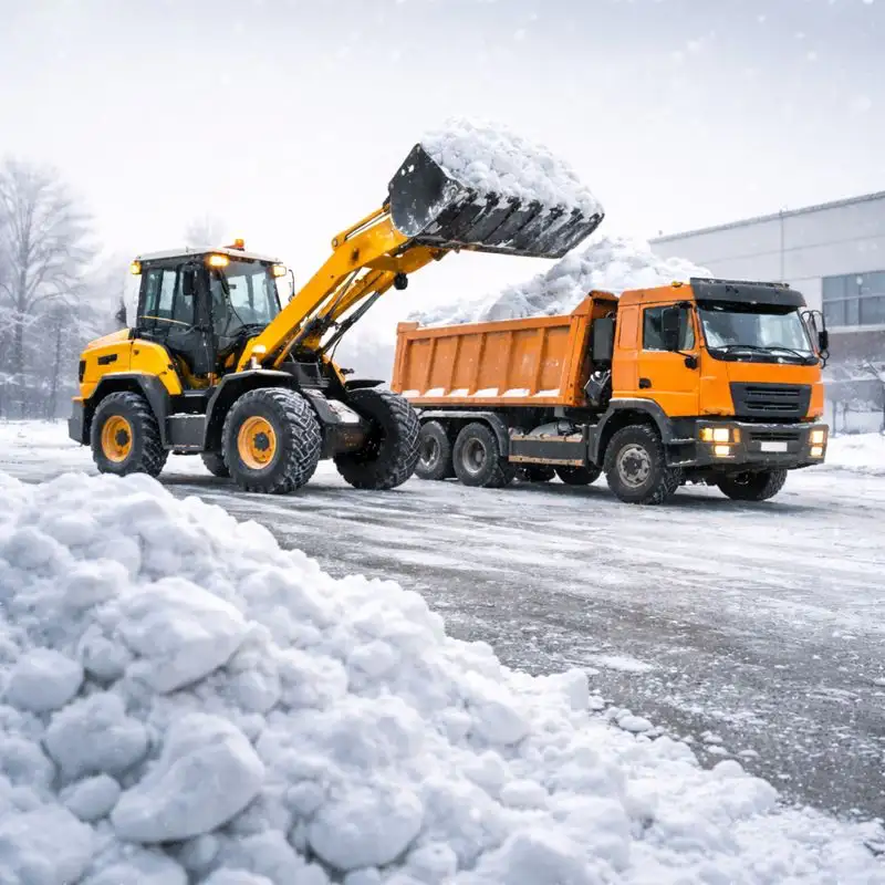 Вывоз снега с погрузкой: погрузчик грузит снег в самосвал