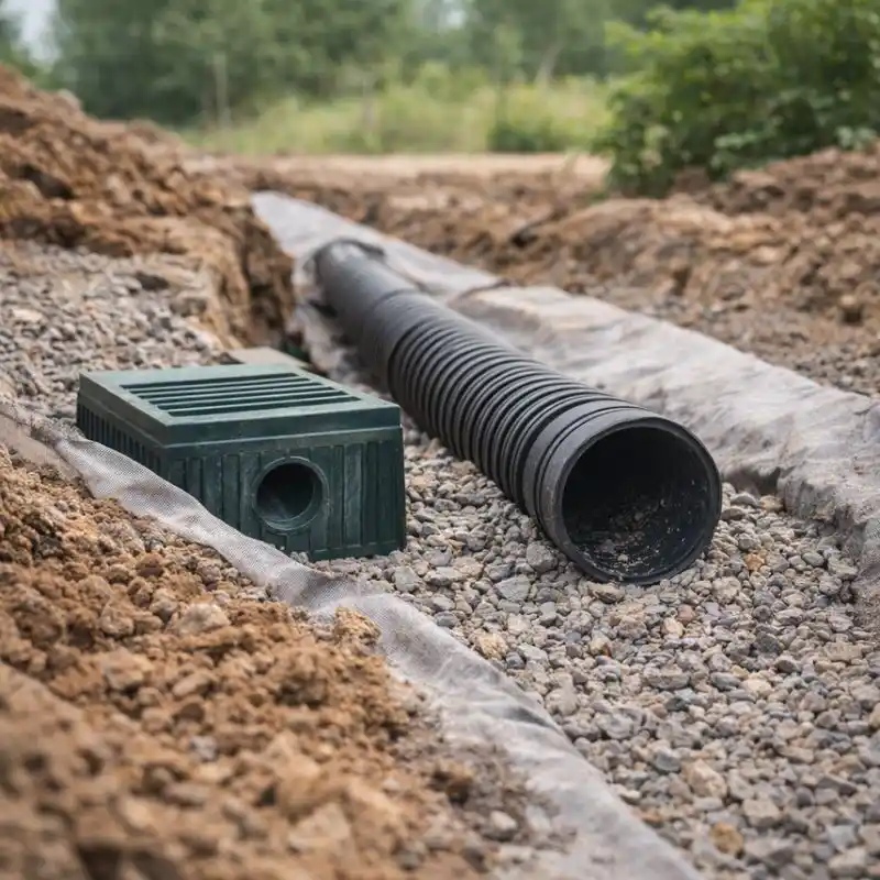 Водоотвод и дренаж участка в Минске — укладка дренажной трубы на щебёночное основание с геотекстилем