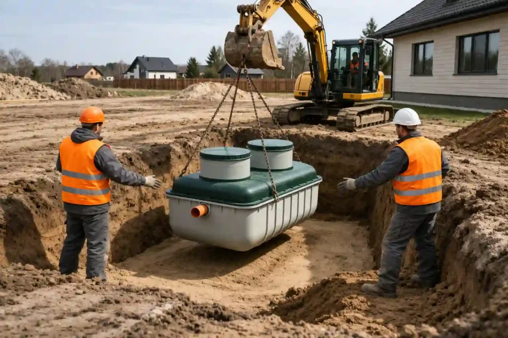 Монтаж ёмкости автономной канализации в котлован