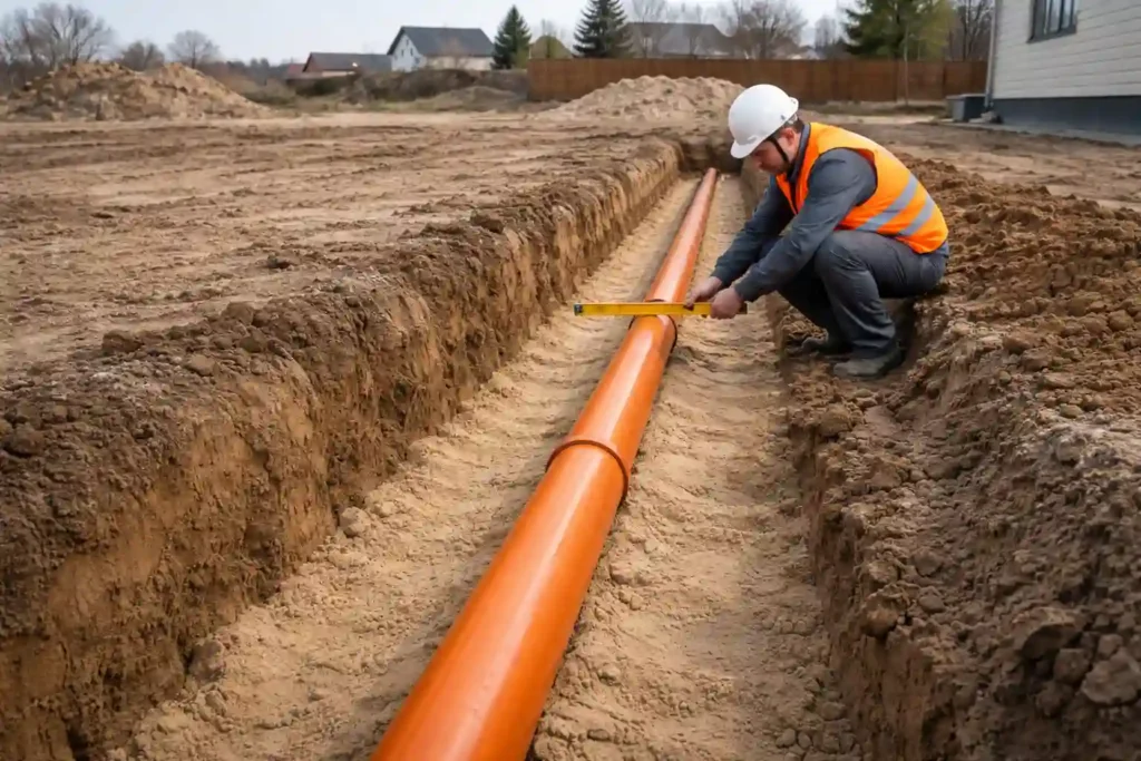 Укладка наружной канализационной трубы в траншее