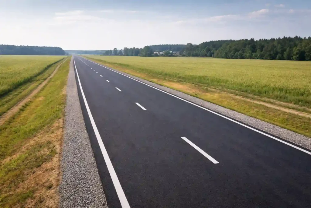 Готовый участок автомобильной дороги после строительства