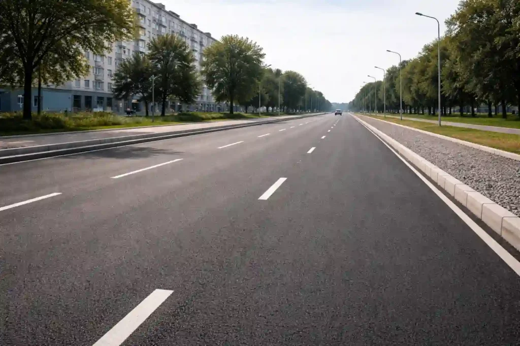 Готовый участок дороги после капитального ремонта или реконструкции