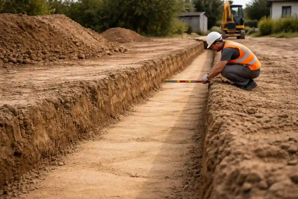 Подготовка траншеи и песчаного основания под канализацию