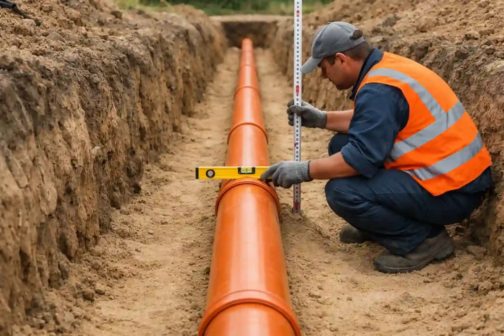 Укладка канализационной трубы с контролем уклона