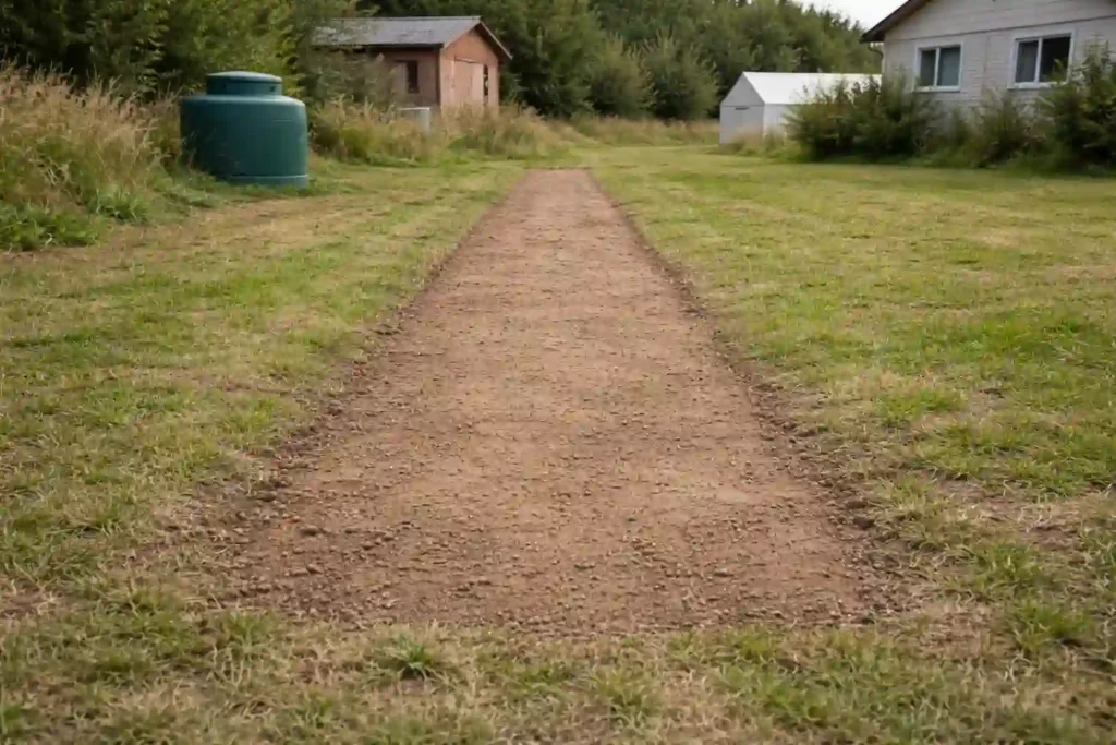 Готовая канализационная трасса после завершения работ на участке с высоким УГВ