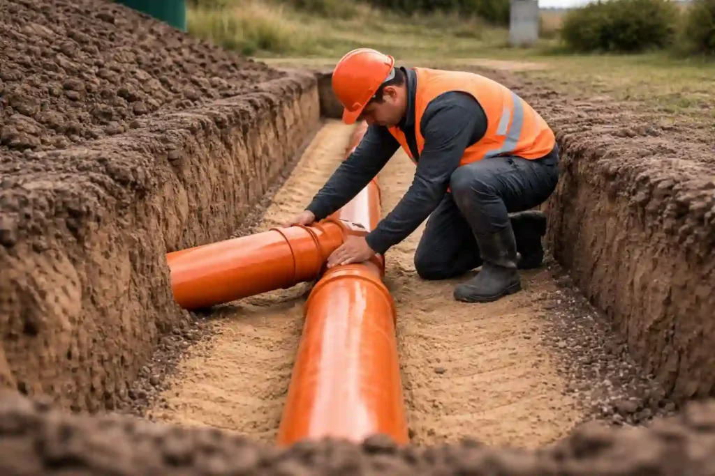 Монтаж трубы и подключение канализации на участке с высоким уровнем грунтовых вод