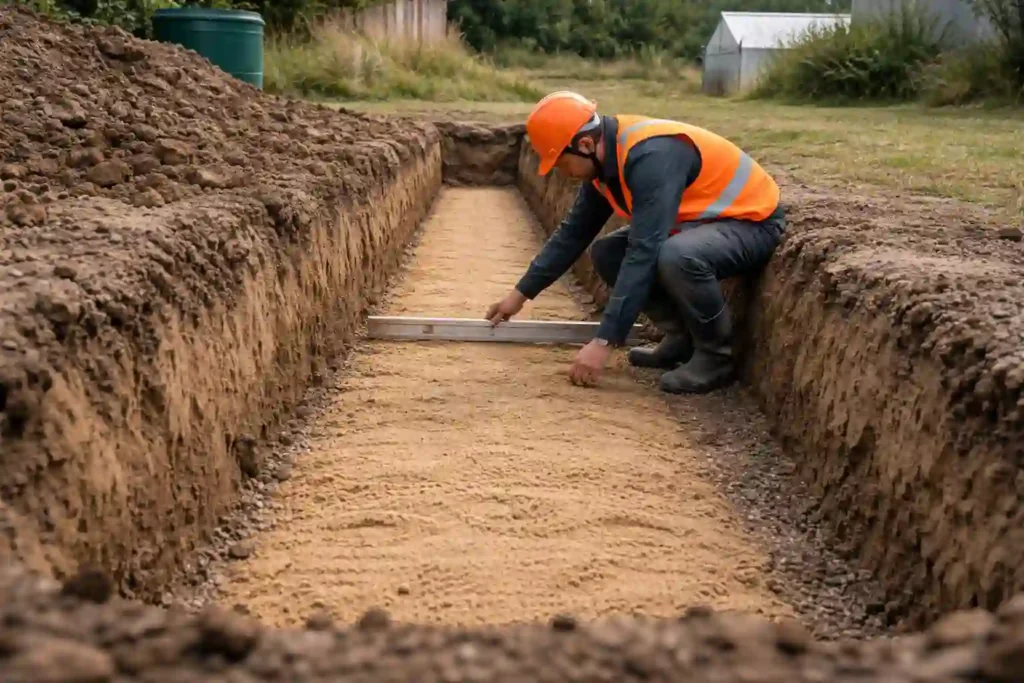 Подготовка траншеи и основания для канализации на участке с высоким УГВ