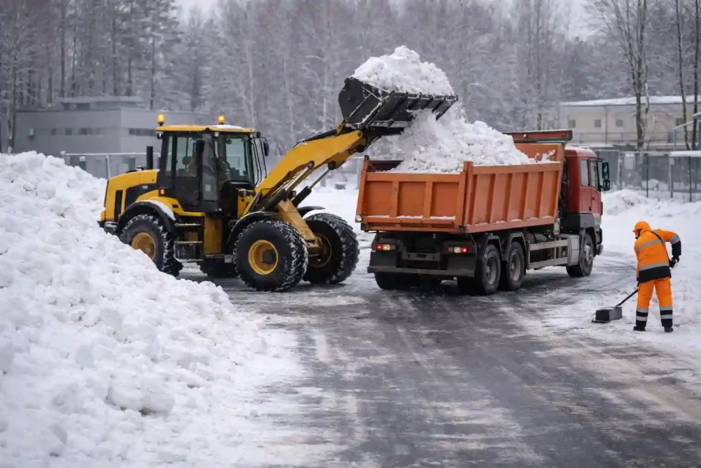 Погрузка снега после тракторной уборки территории