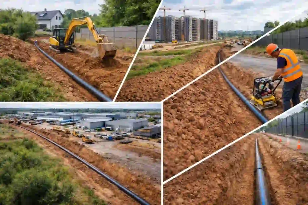 Коллаж объектов, где выполняется прокладка наружного водопровода в Минске и области
