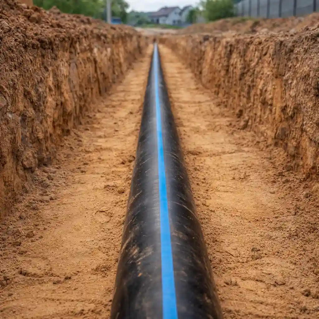 ПНД труба на песчаном основании в траншее при монтаже водопровода под ключ в Минске