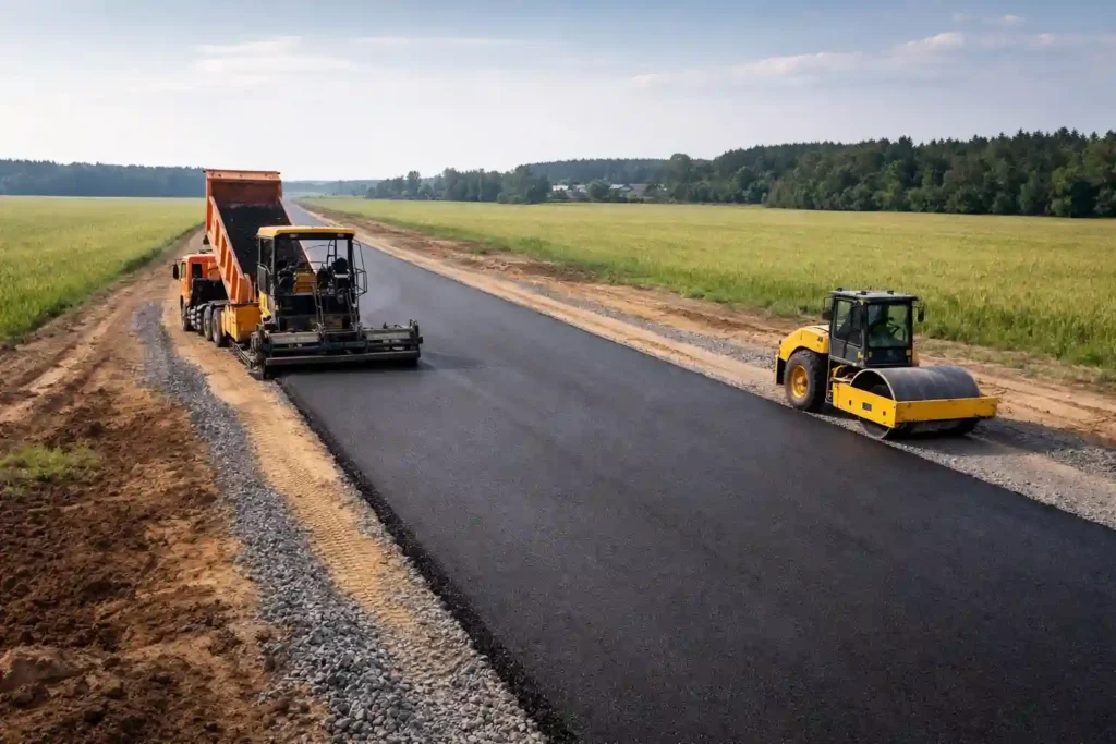 Асфальтирование покрытия при строительстве автомобильной дороги